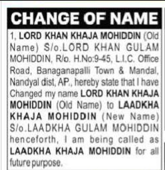 Change of Name – LORD KHAN KHAJA MOHIDDIN to LAADKHA KHAJA MOHIDDIN