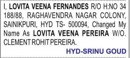 Change of Name Lovita Veena Fernandes to Lovita Veena Pereira