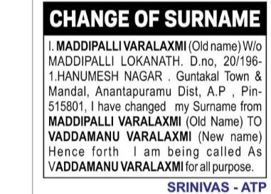 Change of Name: Maddipalli Varalaxmi to Vaddamanu Varalaxmi