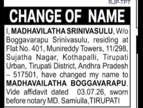 CHANGE OF NAME – MADHAVILATHA BOGGAVARAPU