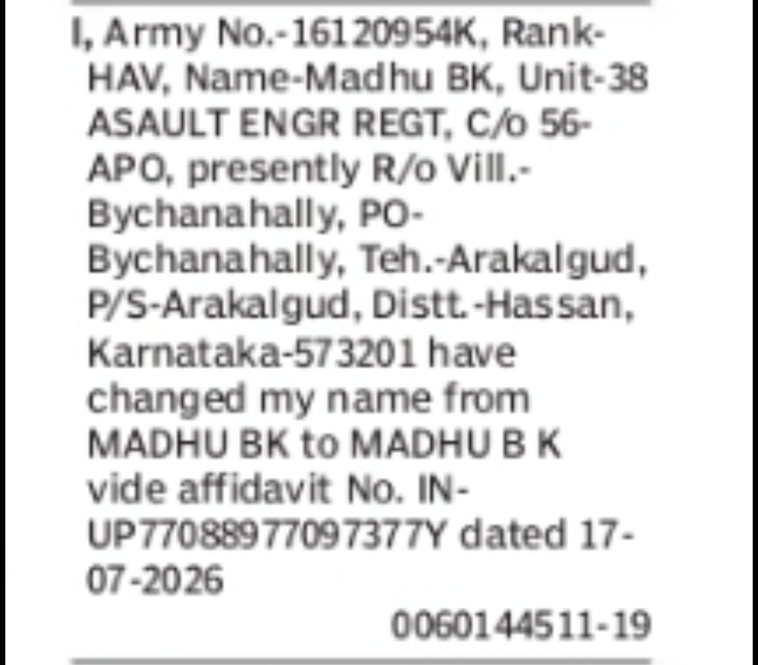 Change of Name – Madhu B K