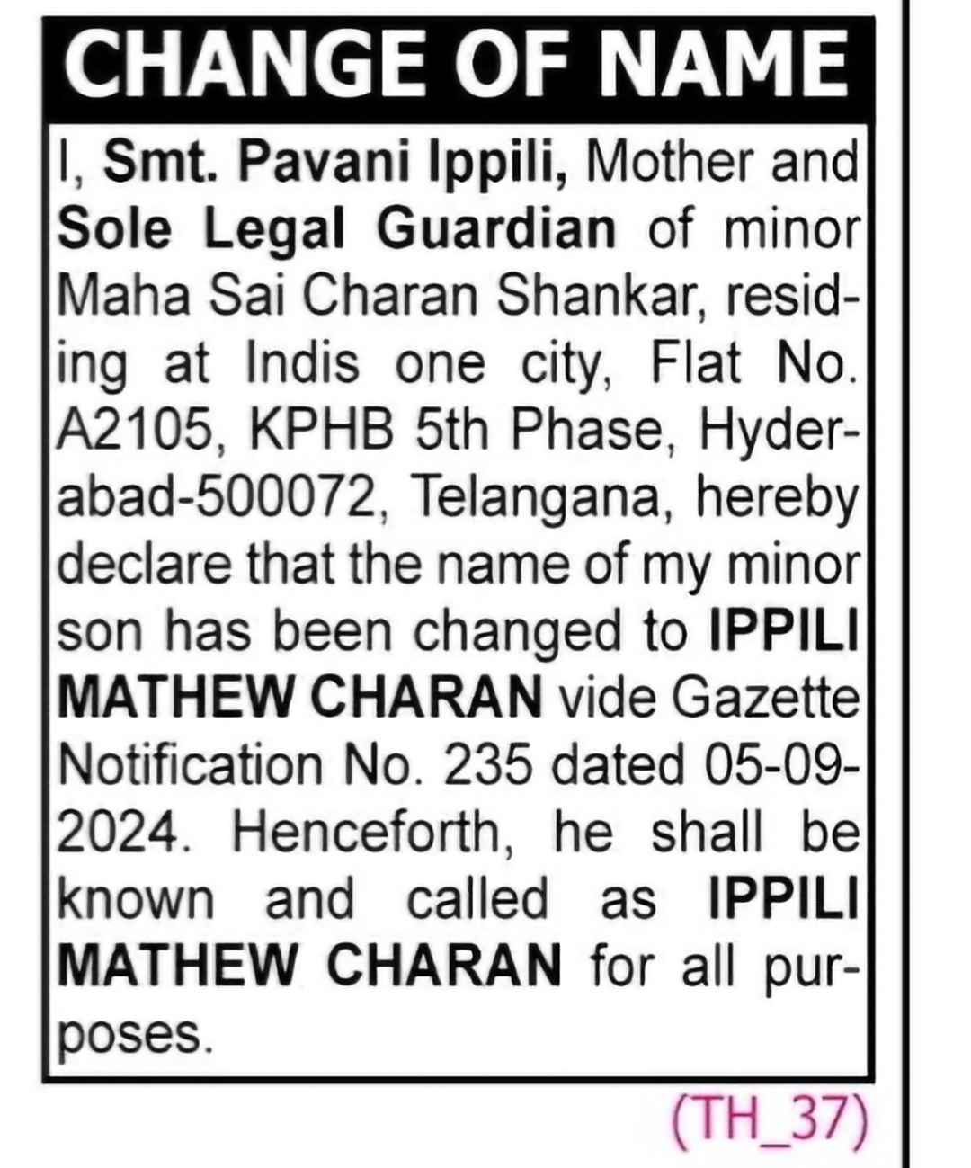 Change of Name: Maha Sai Charan Shankar to Ippili Mathew Charan