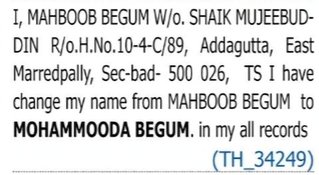 Change of Name – Mahboob Begum to Mohammooda Begum