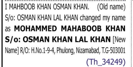 Change of Name – MAHBOOB KHAN OSMAN KHAN to MOHAMMED MAHABOOB KHAN