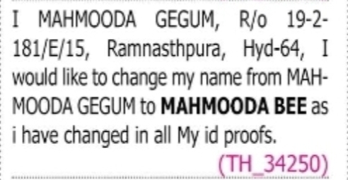 Change of Name: MAHMOODA GEGUM to MAHMOODA BEE