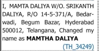Change of Name – Mamta Daliya to Mamtha Daliya
