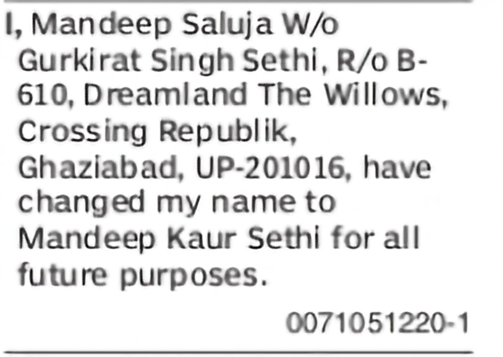 Change of Name: Mandeep Saluja to Mandeep Kaur Sethi