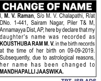 Change of Name – Mandhapalli Jaaswika