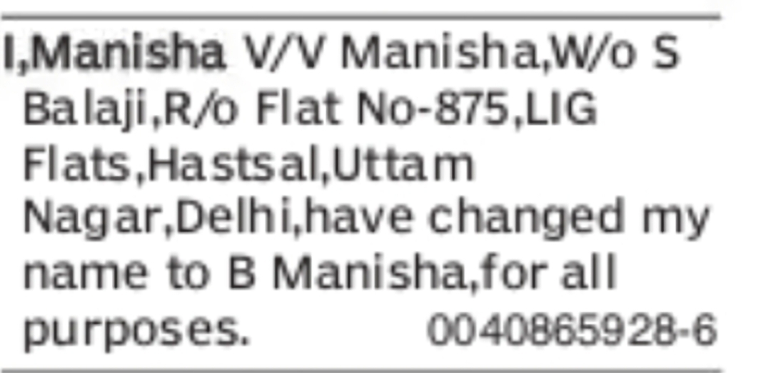Change of Name Manisha V/V Manisha to B Manisha