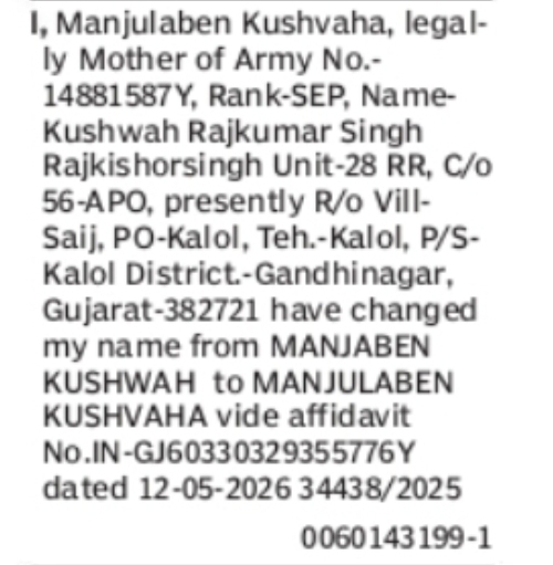 CHANGE OF NAME MANJABEN KUSHWAH TO MANJULABEN KUSHVAHA