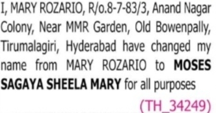 Change of Name – Mary Rozario to Moses Sagaya Sheela Mary
