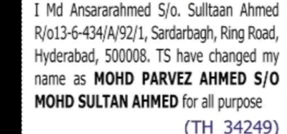 CHANGE OF NAME MD ANSARAHMED TO MOHD PARVEZ AHMED