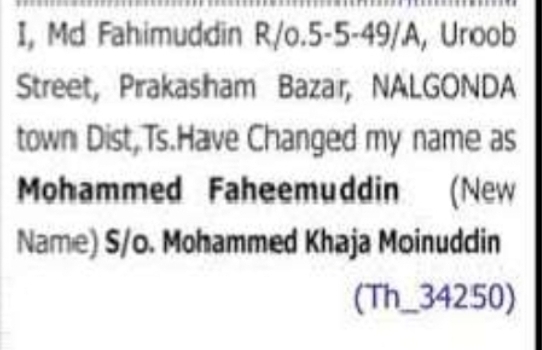 Change of Name – Md Fahimuddin to Mohammed Faheemuddin