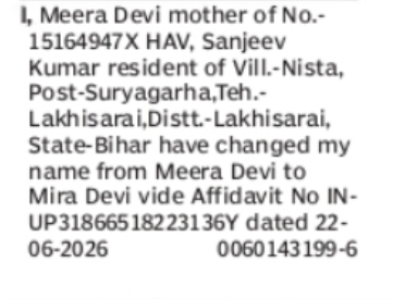CHANGE OF NAME MEERA DEVI TO MIRA DEVI