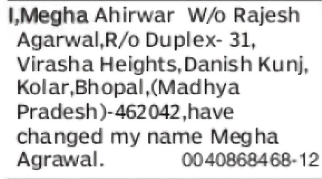 Change of Name – Megha Ahirwar to Megha Agrawal