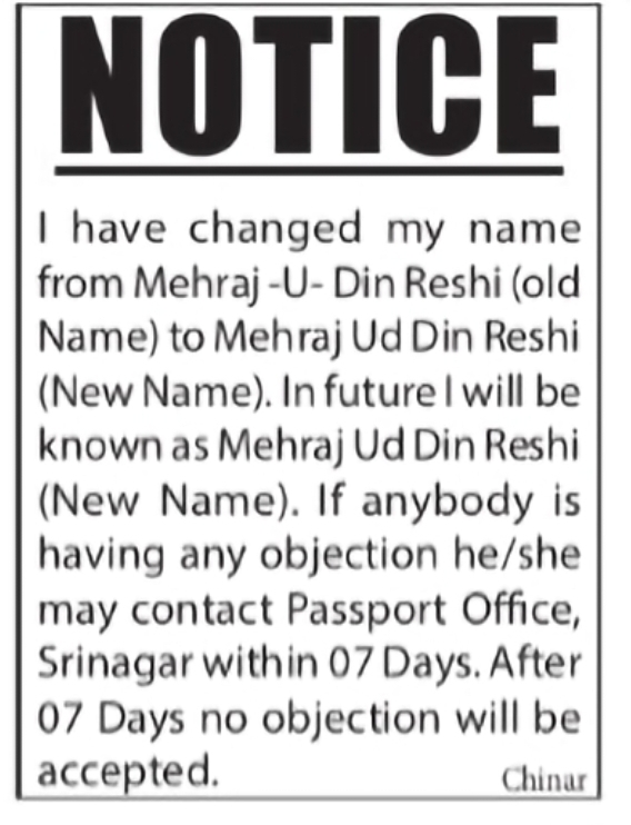 Change of Name – Mehraj-U-Din Reshi to Mehraj Ud Din Reshi