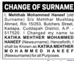 Change of Name: Mehthab Mohammed Haneef to Katika Mehther Mohammed Haneef