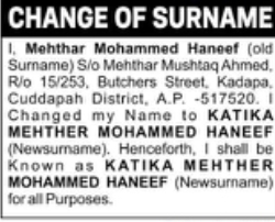 Change of Name: Mehthar Mohammed Haneef to Katika Mehther Mohammed Haneef