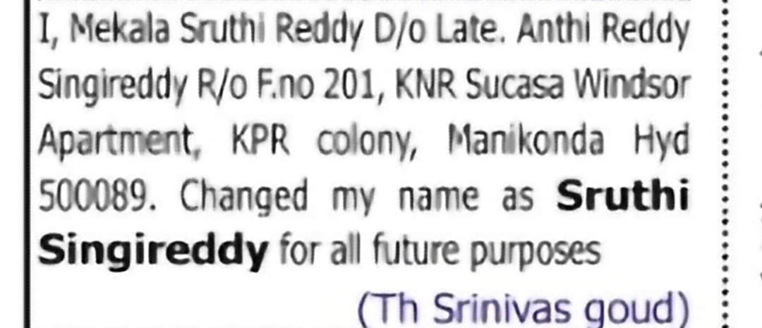 Change of Name: Mekala Sruthi Reddy to Sruthi Singireddy