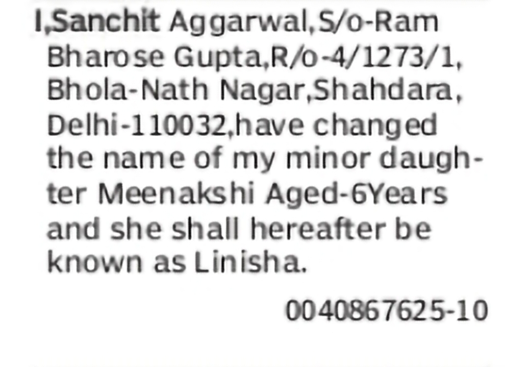 Change of Name – Minor Daughter Meenakshi to Linisha