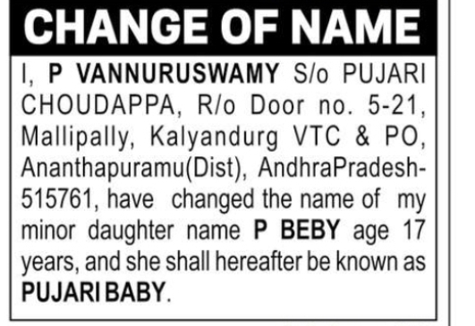 Change of Name – Minor Daughter P. Vannuruswamy