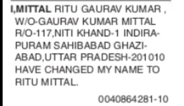CHANGE OF NAME – MITTAL RITU GAURAV KUMAR TO RITU MITTAL