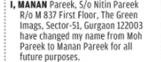 CHANGE OF NAME – MOH PAREEK TO MANAN PAREEK