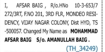 Change of Name – Mohammad Afsar Baig to Mohammad Afsar Baig S/o Amanullah Baig