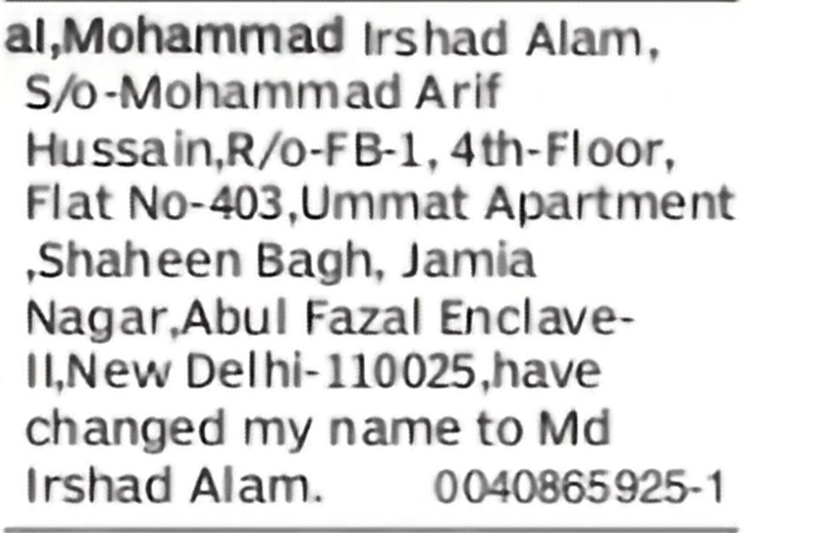 Change of Name: Mohammad Irshad Alam to Md Irshad Alam