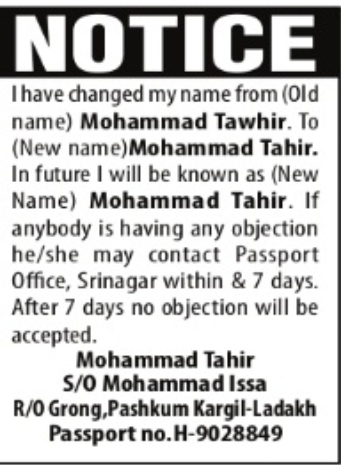 Change of Name – Mohammad Tawhir to Mohammad Tahir
