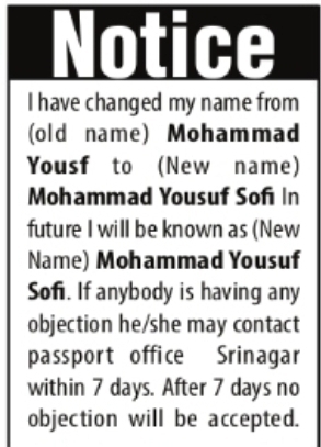 Change of Name — Mohammad Yousf to Mohammad Yousuf Sofi