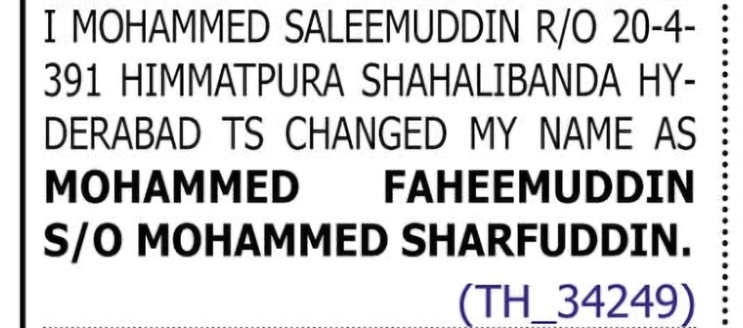 Change of Name: MOHAMMED SALEEMUDDIN to MOHAMMED FAHEEMUDDIN