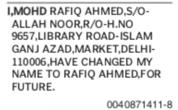 Change of Name: Mohd Rafiq Ahmed to Rafiq Ahmed