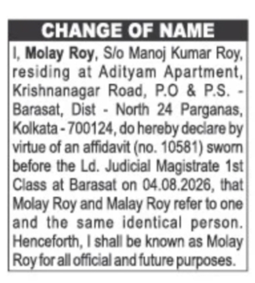CHANGE OF NAME – MOLAY ROY