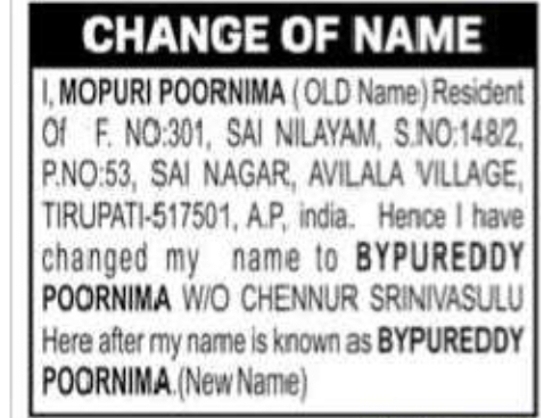 Change of Name – Mopuri Poornima to Bypureddy Poornima