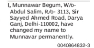 Change of Name – Munnawar Begum to Munnavar