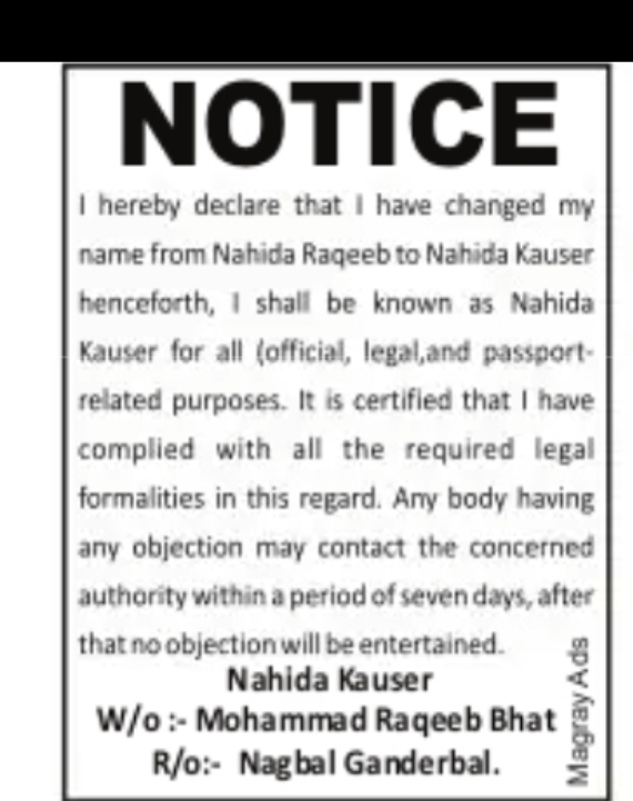CHANGE OF NAME – NAHIDA RAQEEB TO NAHIDA KAUSER