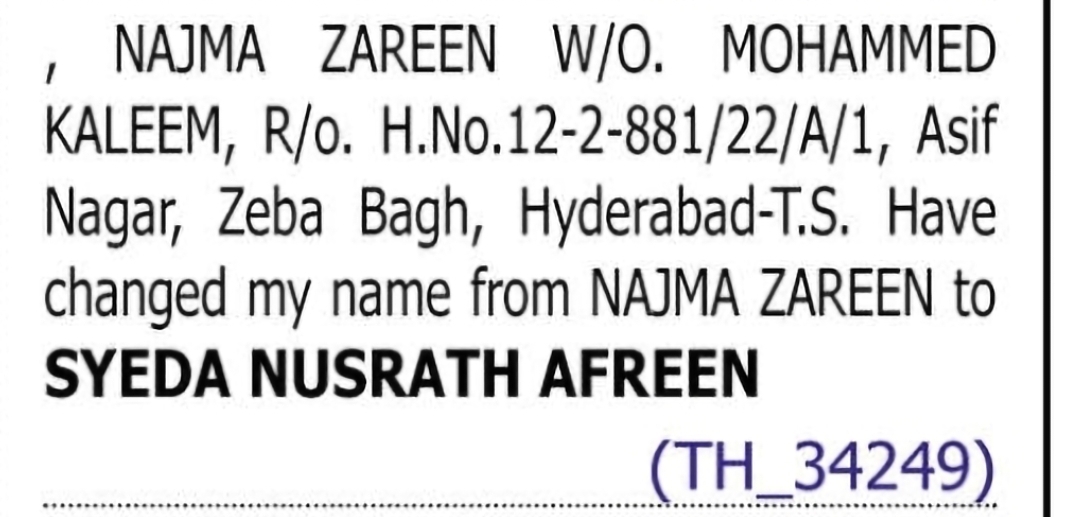 Change of Name: NAJMA ZAREEN to SYEDA NUSRATH AFREEN