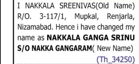 Change of Name – Nakkala Sreenivas to Nakkala Ganga Srinu