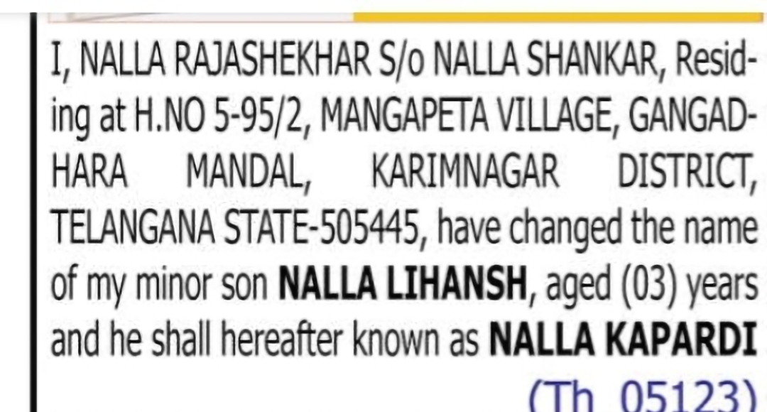 Change of Name – NALLA LIHANSH to NALLA KAPARDI