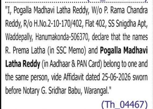 CHANGE OF NAME / NAME DECLARATION Pogalla Madhavi Latha Reddy