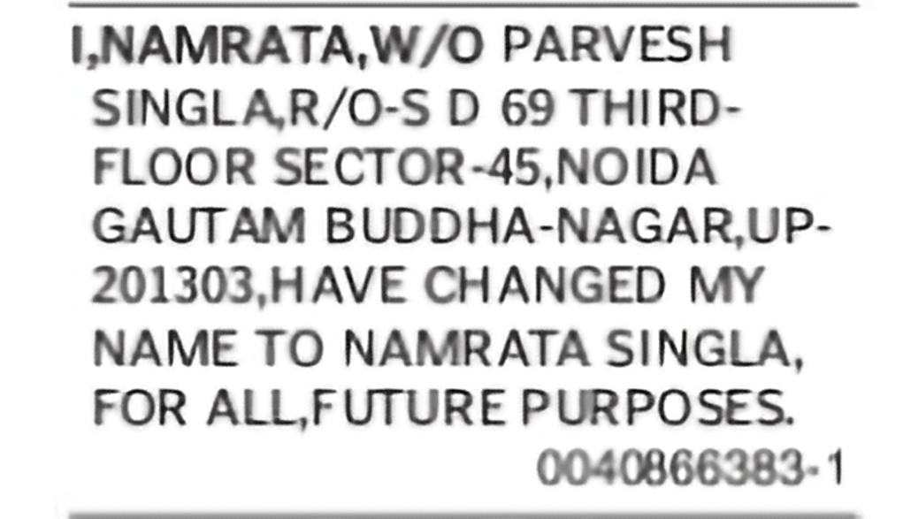 Change of Name: Namrata to Namrata Singla
