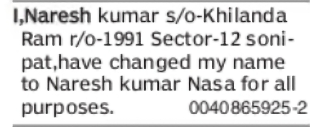 Change of Name Naresh Kumar to Naresh Kumar Nasa