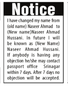 Change of Name – Naseer Ahmad to Naseer Ahmad Hussani