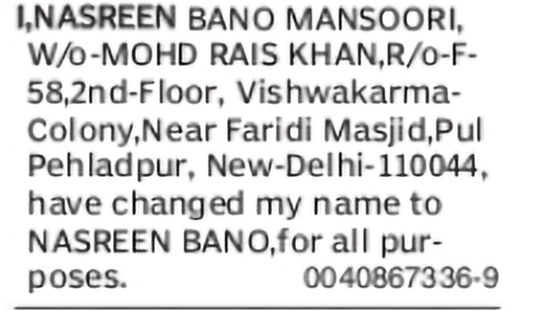 Change of Name – Nasreen Bano Mansoori to Nasreen Bano