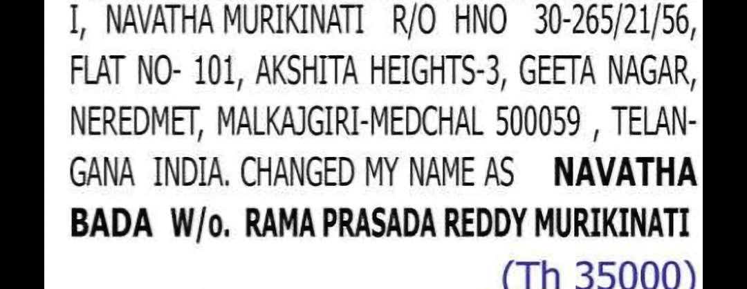 CHANGE OF NAME: NAVATHA MURIKINATI TO NAVATHA BADA