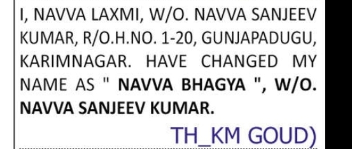 CHANGE OF NAME – Navva Laxmi to Navva Bhagya