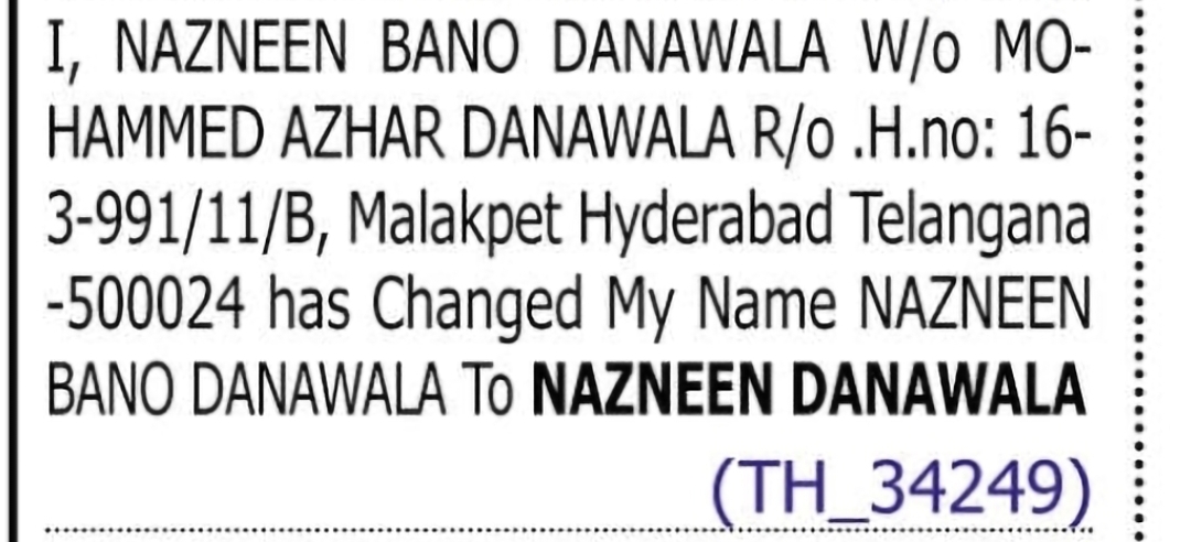 Change of Name: NAZNEEN BANO DANAWALA to NAZNEEN DANAWALA