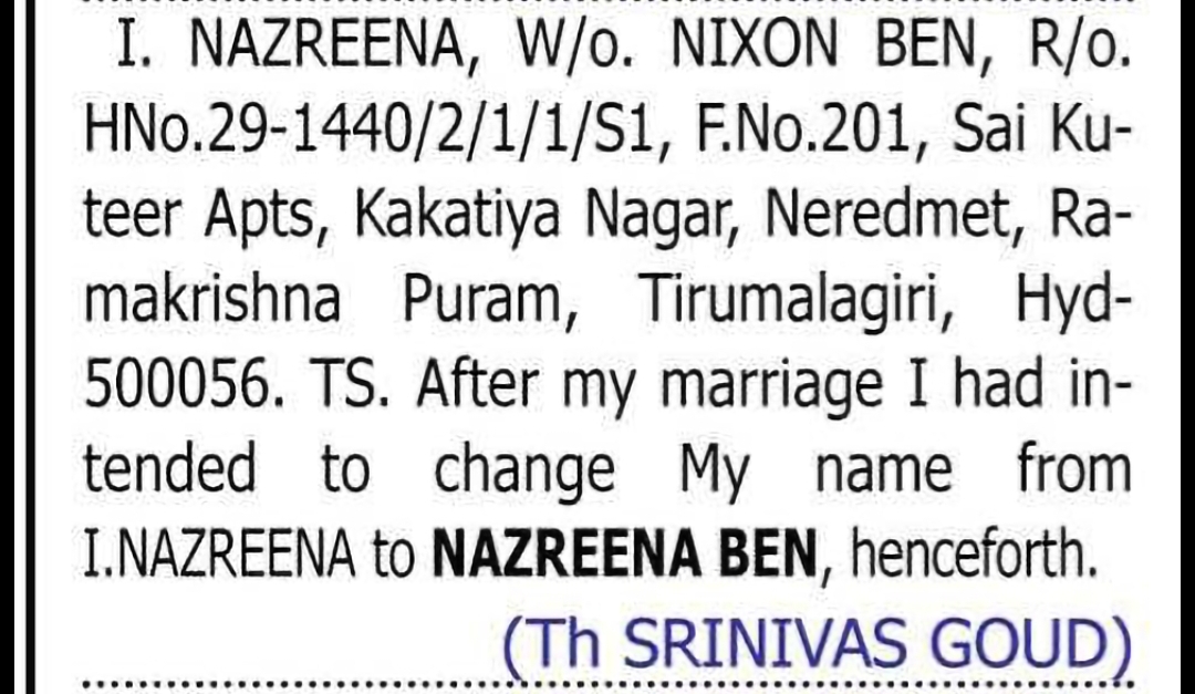 Change of Name: NAZREENA to NAZREENA BEN