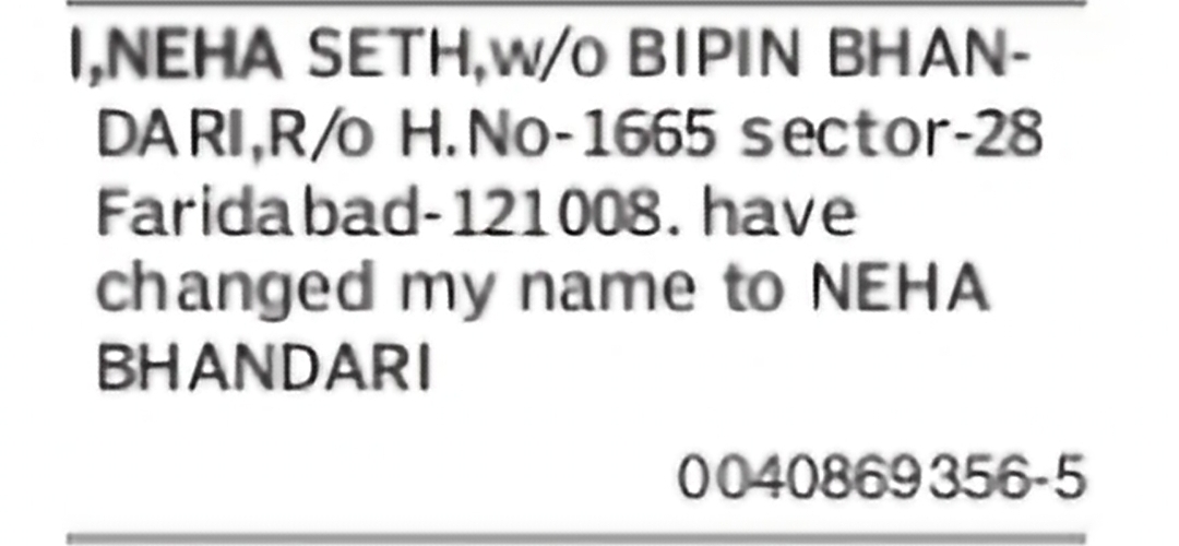 Change of Name: Neha Seth to Neha Bhandari